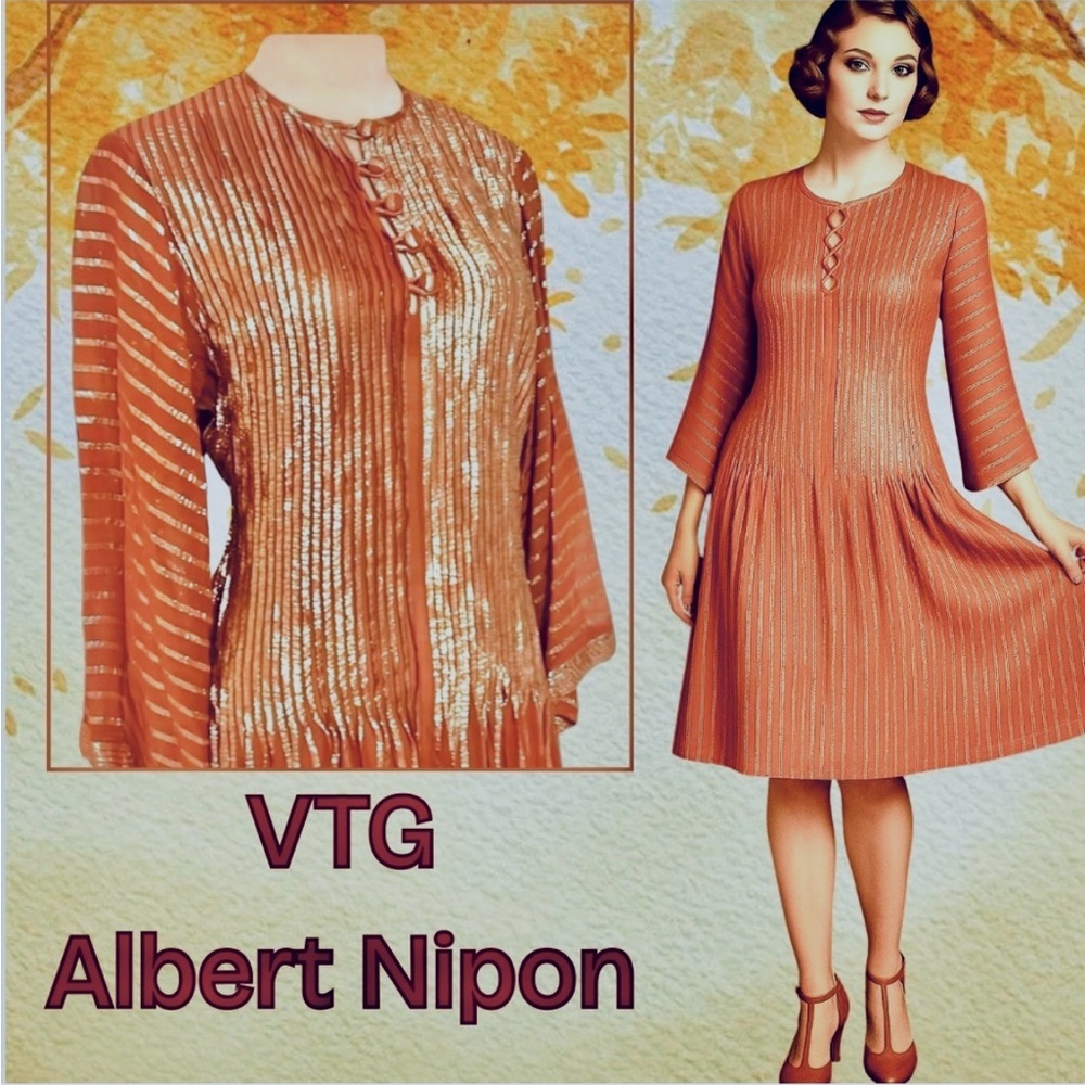 Vintage Albert Nipon, Stunning Metallic Copper Gold Pleated Dress EUC – Size 8 - Picture 9 of 15